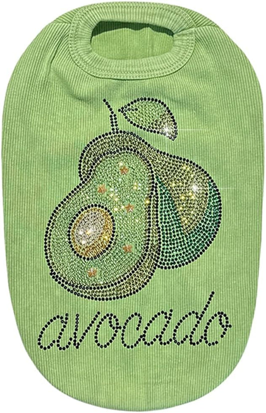 Washed Cotton Pet Vest with Rhinestone Fruit Designs, Soft & Stylish Small Dog Cat Vest for Spring Summer, Breathable & Shiny (Green-Avocado, Small)