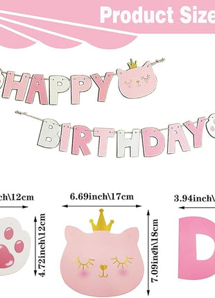 Cat Birthday Hat Girl Happy Birthday Decorations Outfit Banner Party Supplies Bow tie Collar Catnip Chew Biting Kick Toys for Cat Girl (Pink)