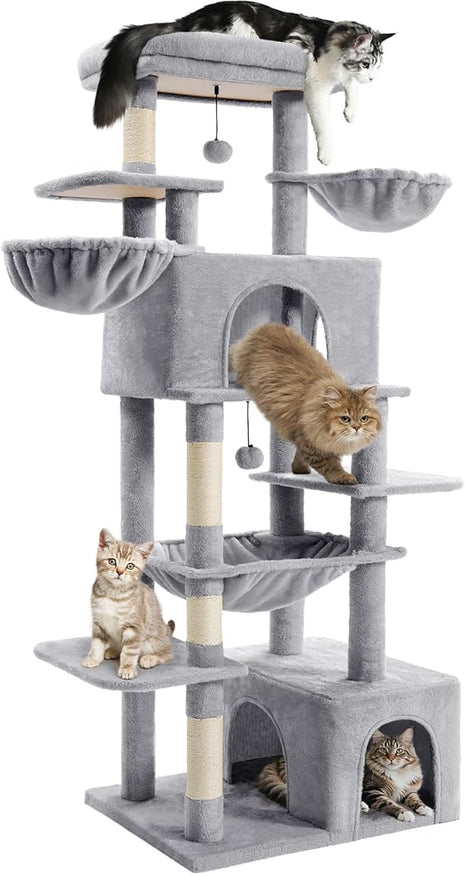 Cat Tree Large Cat Tower Tree 68" Multi-Level Cat Tower for Indoor Cats with Sisal Scratching Posts, Widen Cat Perche, Square Hammock, 2 Widen Condos, Scratching Posts, Light Grey