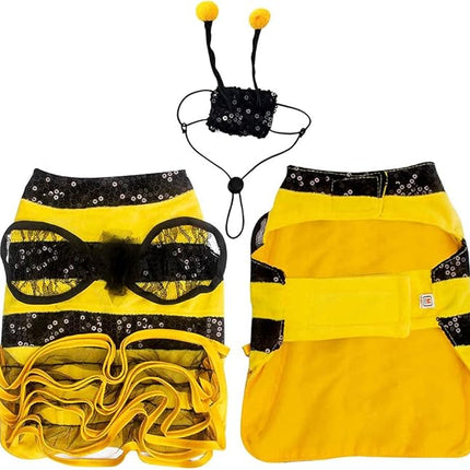 Bee Dog Halloween Costumes, Bumblebee Dress Cosplay Clothes with Cap, Funny Pet Halloween Outfit for Small Medium Large Dogs Cats Christmas Birthday Party Photo Props