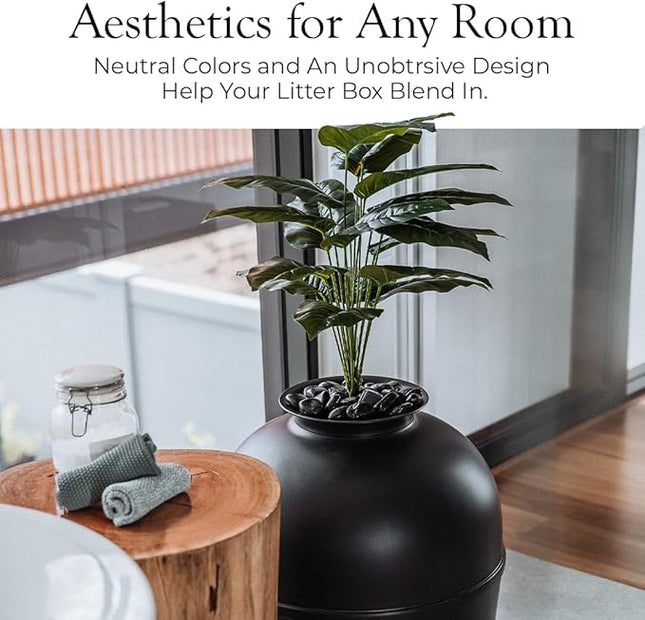 Secret Litter Box by Bundle & Bliss - Hidden Litter Box Enclosure, Patented Design with Odor Control, Includes Faux Plant, Carbon Filter and Real Stones (Matte Black)