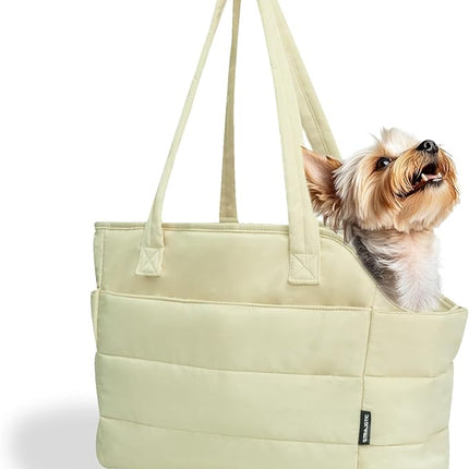 Lightweight Dog Purse Carrier for Small Dogs Under 15 lbs, Puffy Quilted Pet Carrier Tote for Puppies with Safety Leash Clip, Women's Hands-Free Dog Carrier Bag for Travel/Shopping (Beige)