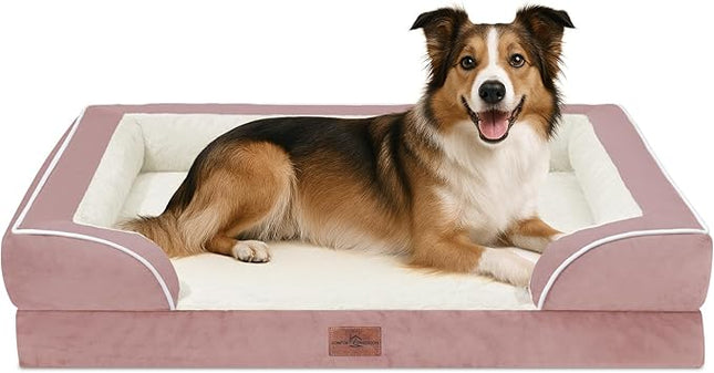 Comfort Expression Orthopedic Dog Bed for Large Dogs 38x25 Inch, Waterproof Supportive Egg Crate Foam Large Pet Bed with Removable Bolsters, Dog Couch with Washable Cover & Non-Slip Bottom, Pink