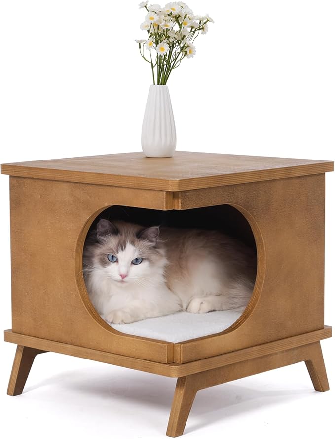 Wooden Cat Bed End Table – 15.7"x15.3"x15.7" Modern Cat Furniture for Bedroom & Living Room – Nightstand Pet House with Removable Cushion – Cat Hideaway Side Table with Natural Wood Finish