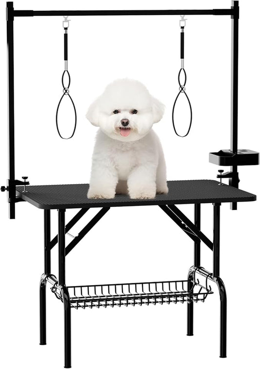 VFK 36''/47''Large Dog Grooming Table, Foldable Pet Station at Home, Dog Grooming Table,Adjustable Cat Drying Desktop with Arms, Nooses, Mesh Tray (Basic pet Table, 36" Black)