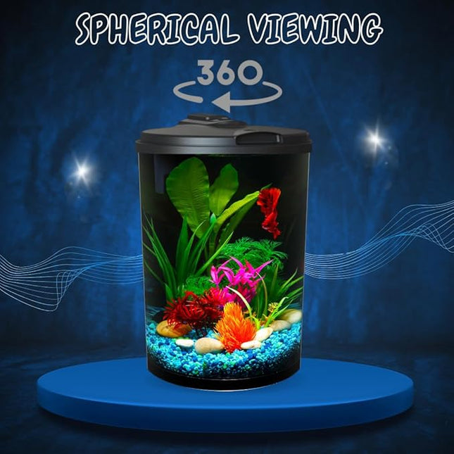 Koller Products 3-Gallon 360 Aquarium with LED Lighting (7 Color Choices) and Power Filter, Ideal for a Variety of Tropical Fish,Crystal-Clear Clarity,AP360A-3FFP
