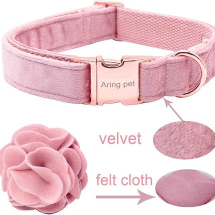 ARING PET Velvet Dog Collars, Pink Soft Pet Collar with Detachable Felt Flower Metal Buckle for Puppy Small Medium Large Boy Girl Dogs-L