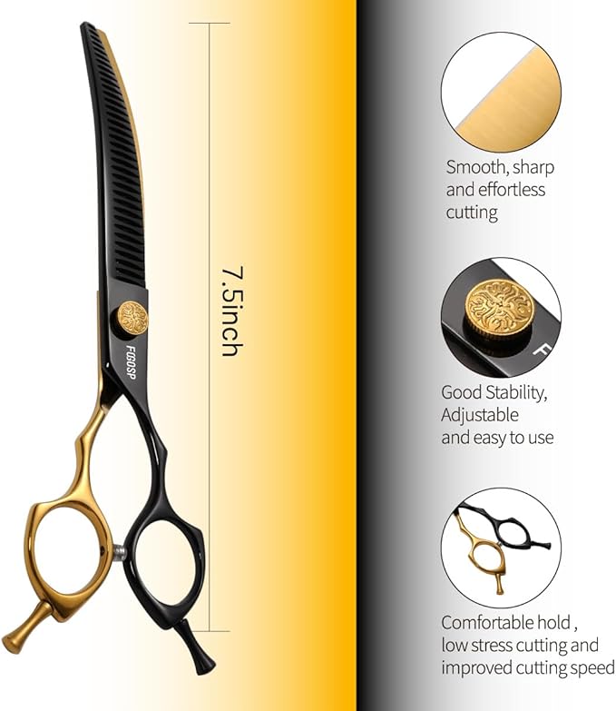 Curved Chunkers Shears Dog Grooming 7.5 in Black & Gold Two Color Professional Curved Thinning Shears for Dog Grooming 35 Teeth Japan 440C 62HRC
