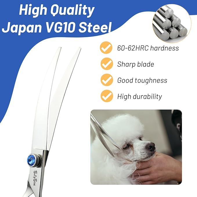 7.5in Curved Dog Scissors for Grooming, VG10 Steel Sharp Dog Grooming Scissors, 25 Degree Bend, with CNC Screw & Round Blunt Tip, Professional Pet Grooming Shears for Dogs Cats Groomer or Home Use