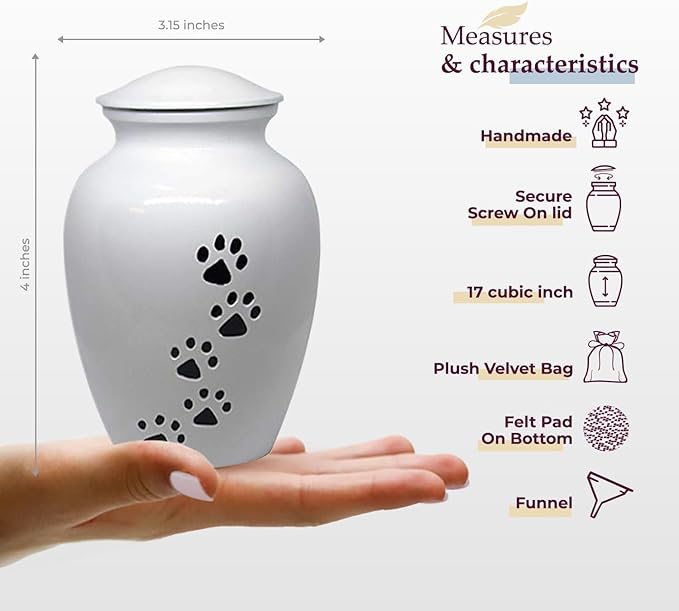 Trupoint Memorials Small Pet Urn for Dogs and Cats Ashes, Paws Print White Cremation Urns for Pets up to 17 lbs