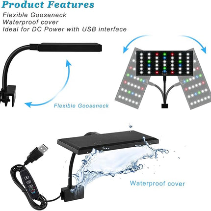 DOMICA Clip On Aquarium Light with Timer for 3 to 8 Gal Fish Tank (Dimmable Full Spectrum LED) USB Moving Lamp for Open Terrarium (Adapter NOT Included), Black, DM-USBLIGHT+T02