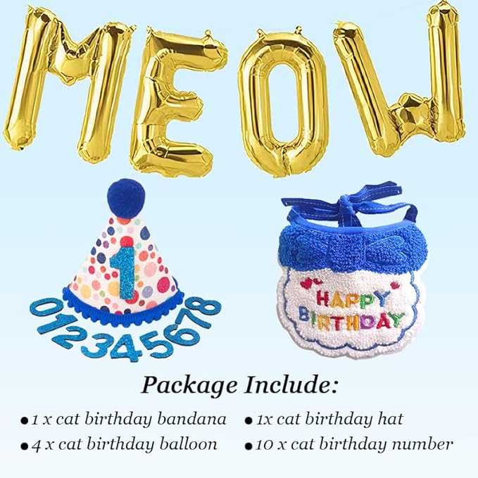Cat Birthday Hat Decoration & Outfit Set - Adjustable Party Hat with Numbers, Bandana Bow Tie & Balloon Supplies for Cat Costume Photo Shoots(Blue/Pink) (Blue)