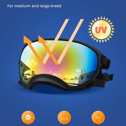 Large Dog Sunglasses, Dog Goggles Large Breed and Medium, UV Protection, Windproof, Dustproof and Snowproof. Shatterproof Lens, Adjustable Strap