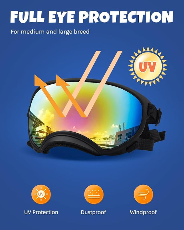 Large Dog Sunglasses, Dog Goggles Large Breed and Medium, UV Protection, Windproof, Dustproof and Snowproof. Shatterproof Lens, Adjustable Strap