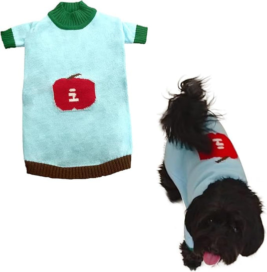 Winter Pet Knit Sweater - Light Blue with Red Fruit Print, Cozy Dog Cat Clothing, XS/S/M/L/XL Sizes (Small)