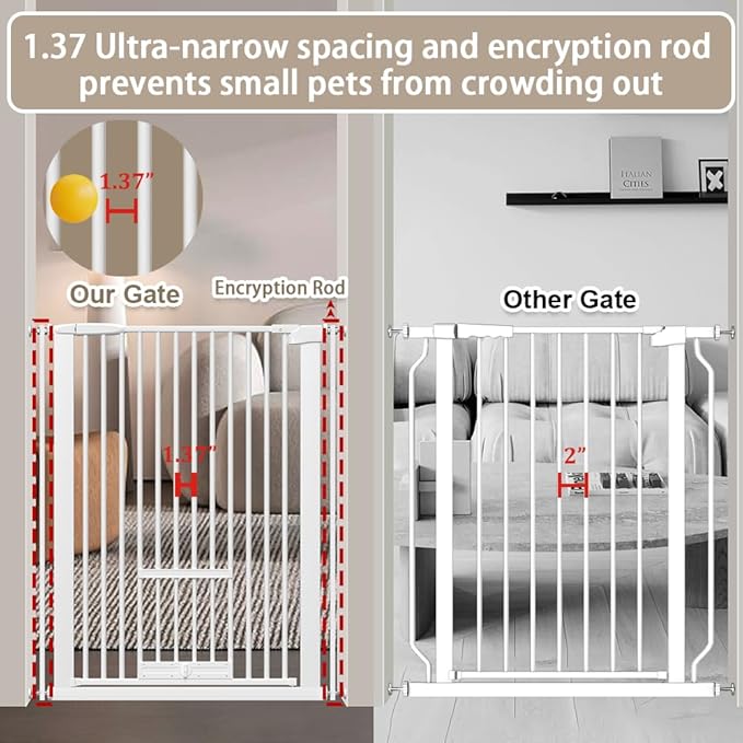 40.55" Tall 1.37" Ultra Narrow Spacing 30.12-45.87" Wide Dogs Pets Baby Gate with Cat Door for Doorway Safety Proof Indoor Puppy Pressure Mounted No Drill Black Metal Hallway