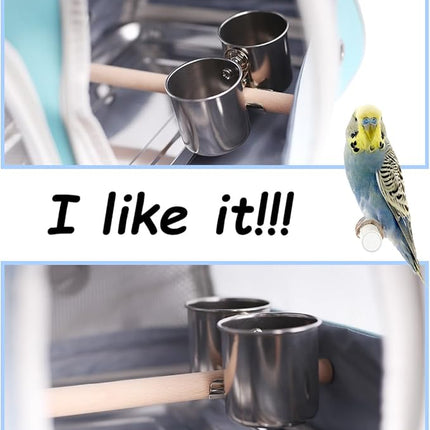 Bird Feeder Cups with Clamp Mount on Standing Perch, 2 Stainless Steel Cups for Food and Water, Compatible for halinfer's All Bird Carrier and Backpack Wooden and Rope Perch