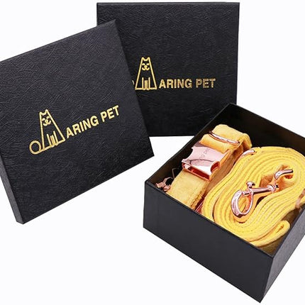 ARING PET Velvet Dog Collar and Leash Set, Bright Yellow Dog Collar and Leash, Adjustable Soft Collars for Dogs