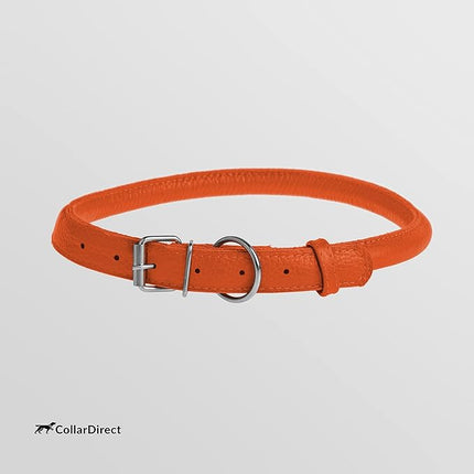 CollarDirect Rolled Leather Dog Collar, Soft Padded Round Puppy Collar, Handmade Genuine Leather Collar Dog Small Large Cat Collars 13 Colors (11-14 Inch, Orange Textured)