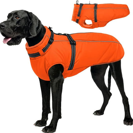 Lelepet Dog Winter Coat Waterproof Dog Jacket with Harness Built in Windproof Reflective Pet Coats for Extra Large Dogs, Thermal Fleece Lined Coats for Cold Weather Walking, Great Dane, Orange, 3XL