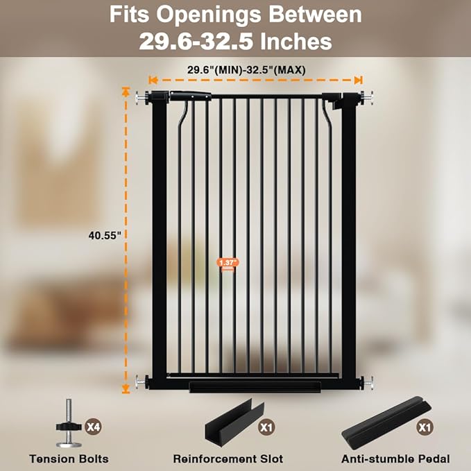40.55" Extra Tall Baby Gate for Doorways Stairs, 29.6-32.5 in Narrow Baby Gates No Drill, Tall Dog Gate Indoor Walk Thru, Pressure Mounted Child Gate with Door for Pet Doggie Puppy Black