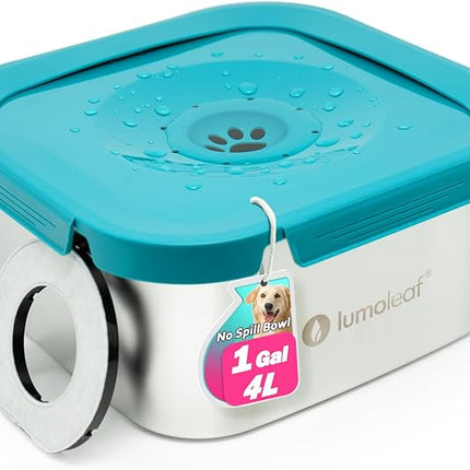 LumoLeaf 1 Gallon No Spill Dog Water Bowl, Stainless Steel Splash Proof Max Capacity Dog Water Bowl 4 Liter, Non-Slip Slow Water Feeder Dispenser with Replacement Filter, Vehicle Travel Water Bowl
