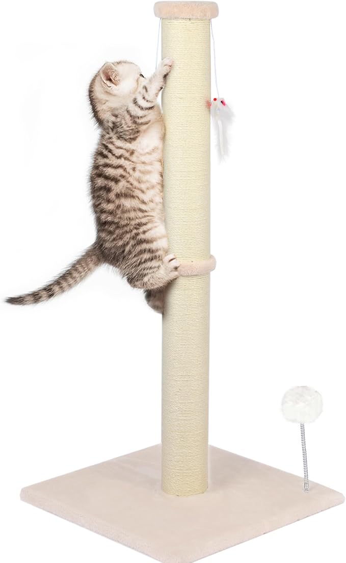 36 Inch Tall Cat Scratching Post – Sisal Cat Scratcher for Indoor Cats, Large Vertical Scratch Post, Sturdy Cat Scratch Pole Tower, Modern Cat Furniture for Kittens & Adults (Beige)