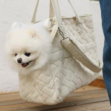 HSC PET Beige Small Dog Bag Woman,Cat Carrier Quilted Pet Soft Sided Leisure Pups Totes Traveling Go to Vet,Pet Function Handbag with 3 Pockets,12 lbs Puppy/15 lbs Cat or Kittens