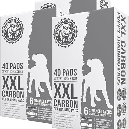 Bulldogology Premium Puppy Pads with Adhesive Tabs - Dog Pads Extra Large - Leak Proof Dog Pee Pads Extra Large - Ultra Absorbing Extra Large Puppy Pads (Black-30x36 (120-Count)
