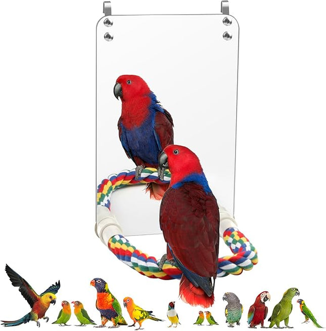 9.4‘’ Bird Mirror for Cage, Coolrunner Bird Parrot Mirror with Rope for Cockatiel Conures, Lovebirds, Parrot, Canaries, and Budgies