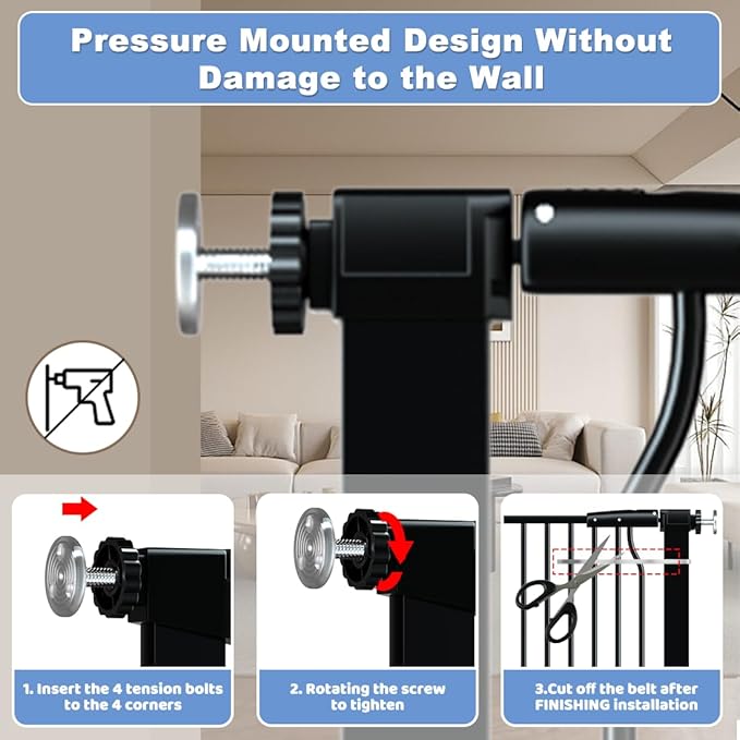 40.55" Extra Tall Baby Gate for Stairs-29.6"-40.5" Wide 1.37" Ultra Narrow Spacing Extra Wide Pet Cat Gate Dog Gate-Auto-Close Pressure Mounted Dog Door for Pets and Kids,Black(29.6"-40.5")