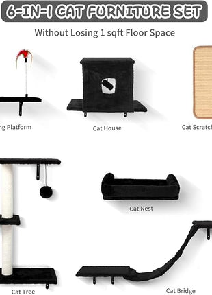 Cat Wall Shelves, 6 in 1 Cat Wall Furniture Set with Condos House, Bed, Bridge, Tree, Steps, Scratching Board, DIY Walls Playground for Indoor (Black)