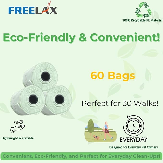 Biodegradable Dog Poop Bags - 60 Count, Durable & 100% Leak-Proof, Compostable Trash Bags for Dogs & Cats, Thick and Easy Open Rolls, Eco-Friendly Waste Bags (22cm x 28cm)