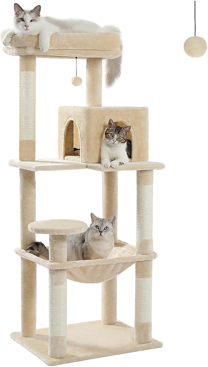 Cat Tree for Large Cats Adult with Metal Plush Big Hammock, 56.3" Cat Tower with 2 Door Condo House, 6-Tier Cat Shelves with Scratching Posts and Large Top Perch, Beige