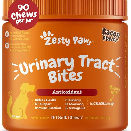 Zesty Paws Cranberry Supplement for Dogs - Bladder Control for Dogs - Urinary Tract Support - Cranberry Chews with D-Mannose, Vitamin B6 & L-Arginine - Immune & Gut Support - Bacon - 90 Count