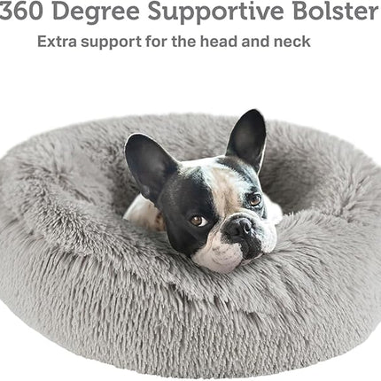 Friends Forever Luna Donut Cat Bed Cave, Soft Faux Fur Hooded Blanket Dog Couch For Indoor Pet, Fluffy Calming Plush Shag, Cozy Round Cushion, Machine Washable Cuddler, Self Warming, Grey
