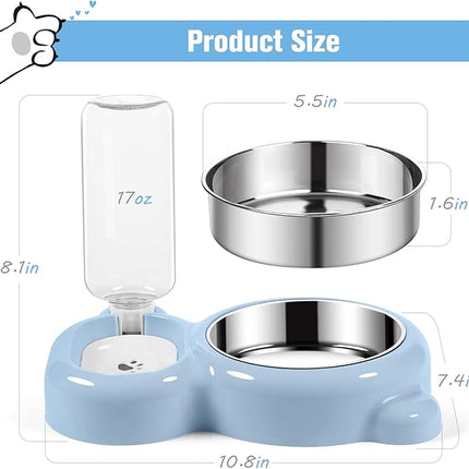 Dog Bowls, Cat Food and Water Bowl Set with Water Dispenser and Stainless Steel Bowl for Cats and Small Dogs - Light Blue