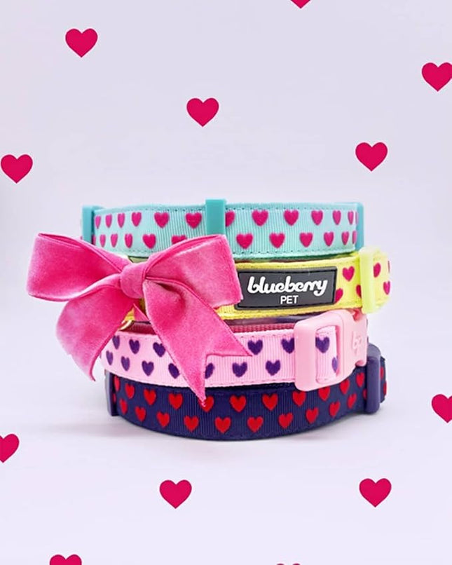 Blueberry Pet Adjustable Flocking Dog Collar for Large Dogs, Pink Girl Dog Collars with Detachable Velvety Bowtie, Heart in Lust Red, Spring Dog Collar for 18-26 Inch Neck