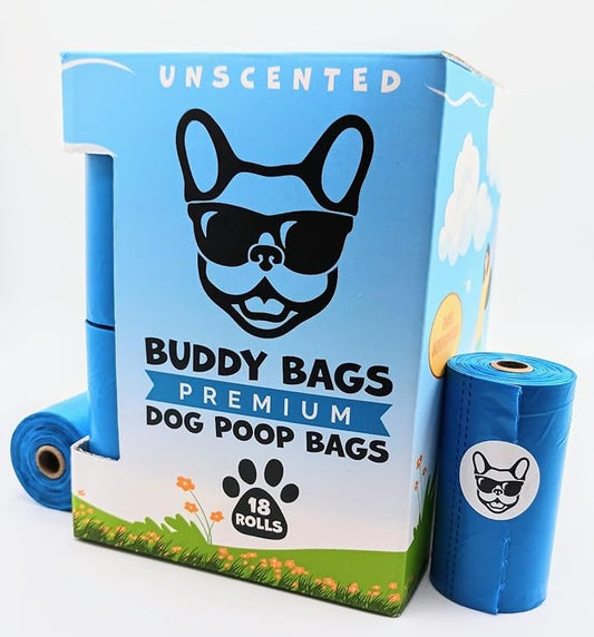 Buddy Bags Premium Dog Poop Bags, Unscented, Extra Thick & Strong, Bold “Open Here” Arrow, 18 Refill Rolls, 270 Earth Friendly Bags.
