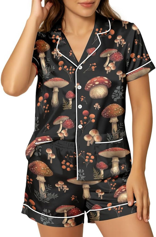 Women’s Silk Satin Pajama Set, Short Sleeve Button Down 2 Piece PJs with Shorts, Cozy Loungewear & Matching Holiday Pajamas