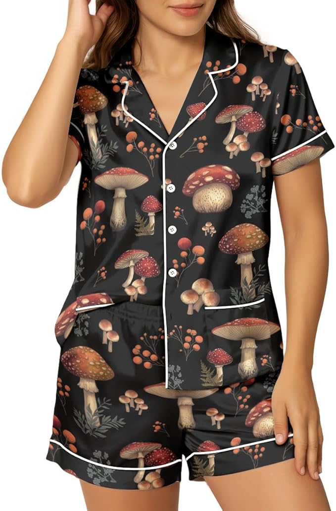 Women’s Silk Satin Pajama Set, Short Sleeve Button Down 2 Piece PJs with Shorts, Cozy Loungewear & Matching Holiday Pajamas