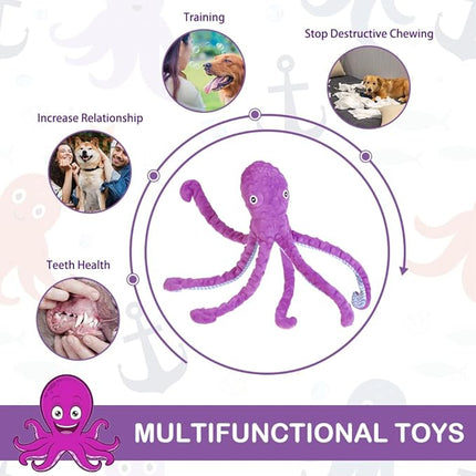 EXPAWLORER Octopus Dog Toy - Best Dog Squeaky Toys Puppy Birthday Gift Soft Stuffed Chew Toy, Crinkle Paper and Built-in Squeaker Durable Interactive Plush Toy for Small Medium Large Dogs, Purple
