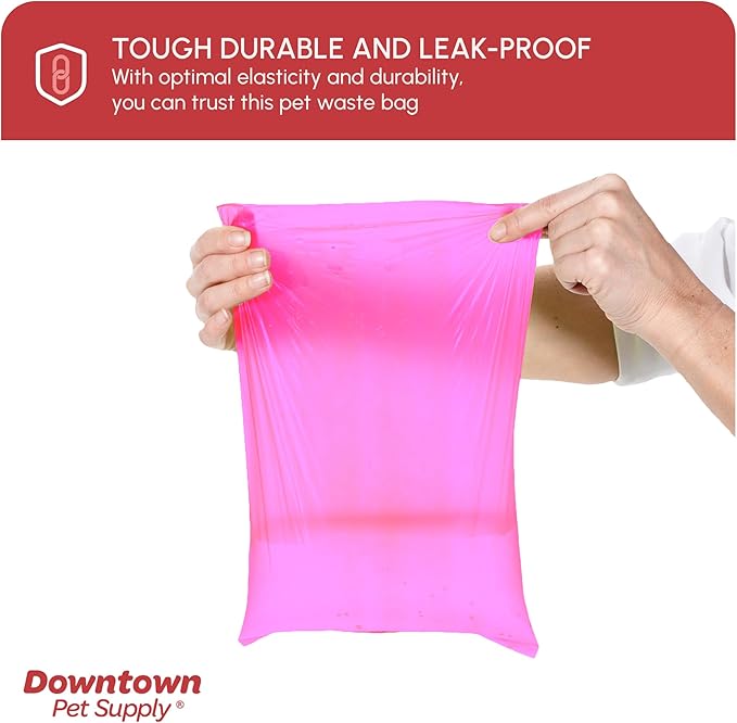 Downtown Pet Supply Poop Bags for Dogs with Dispenser, 220 Count - Leak-Proof Dog Waste Bags and Bone-Shaped Dog Poop Bags Holder for Leash - Pink, 12.5" x 8.5"
