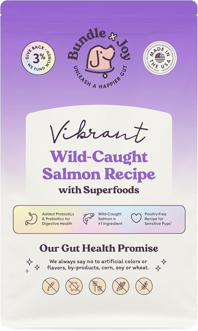 Vibrant Probiotic Dog Food Dry, Salmon, 18lb Bag, Allergy and Gut-Friendly Adult Kibble for Digestive Health with Wild-Caught Salmon, 20 Plant Based Superfoods, Grain x Poultry Free