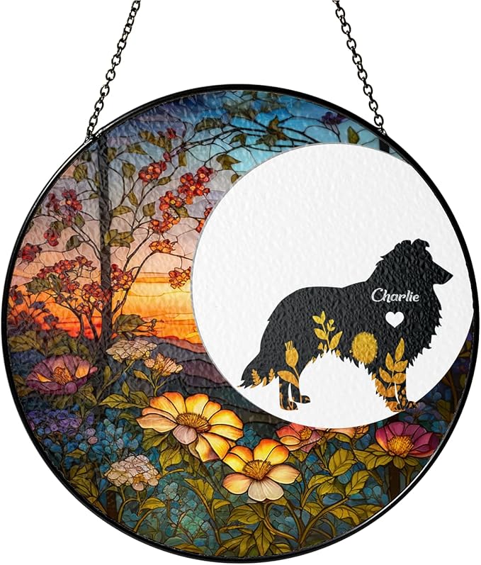 Personalized Sheltie Sheepdog Dog Memorial Suncatcher, Custom Dog Loss Gift, Steel Glass, Pet Memorial Occasion