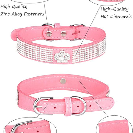 Dog Collar for Small Dogs, Adjustable Leather Suede Bling Dog Collars，Pink Dog Collar Cat Collar, Rhinestone Dog Collar (S, pink3)