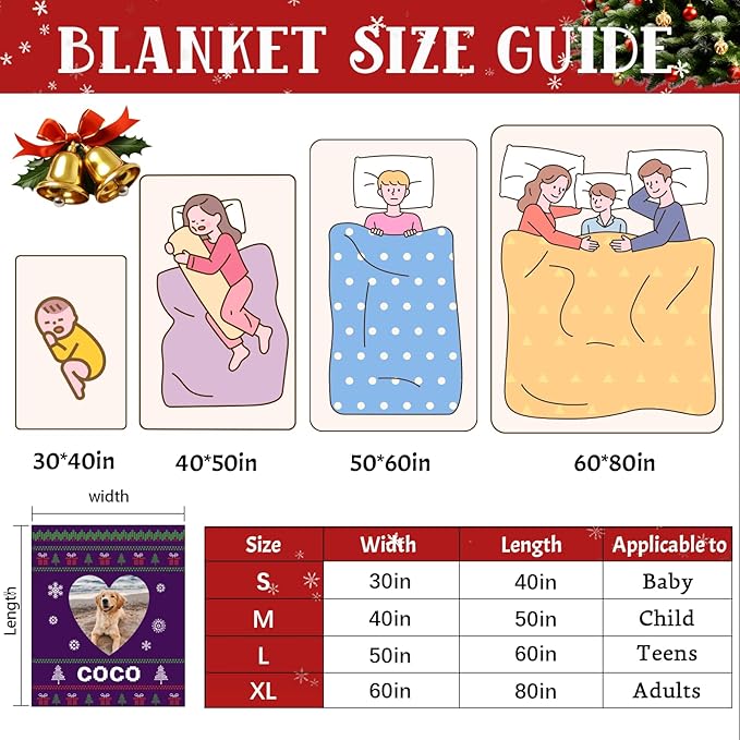 Custom Christmas Dog Blanket Gifts, Personalized Pet Blanket with Name, Customized Throw Blanket with Photo Name, for Pet Lovers, Dog Memorial Gifts for Loss of Cats Dogs