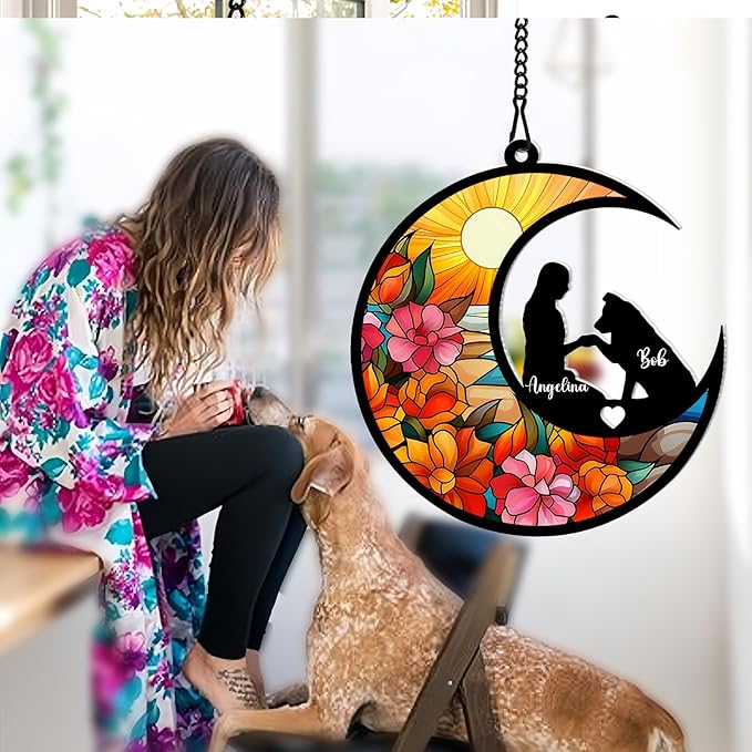 xrlsg Personalized Dog Memorial Suncatcher Custom Name Dog Breeds with People Suncatcher Ornament Loss of Dog Sympathy Gift for Dog Lover-5"