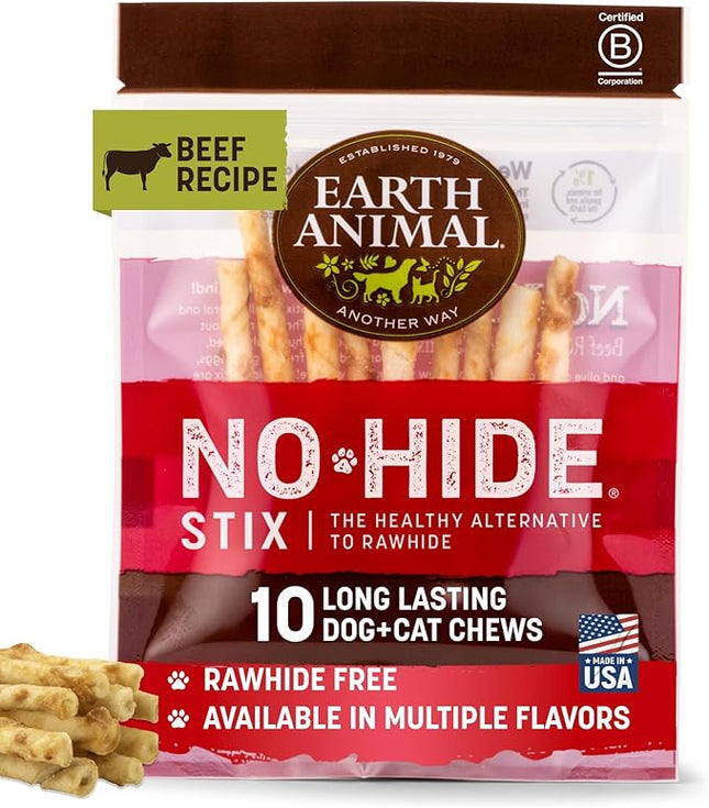 Earth Animal No Hide Stix - Long Lasting Rawhide Free Small Dog Chews Sticks, Beef - 10 Count