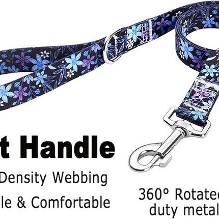 Dog Collar and Leash Set with Bohemia Floral Tribal Geometric Patterns - Soft Ethnic Style Collar Adjustable for Small Medium Large Dogs(Blue Floral Set,S)